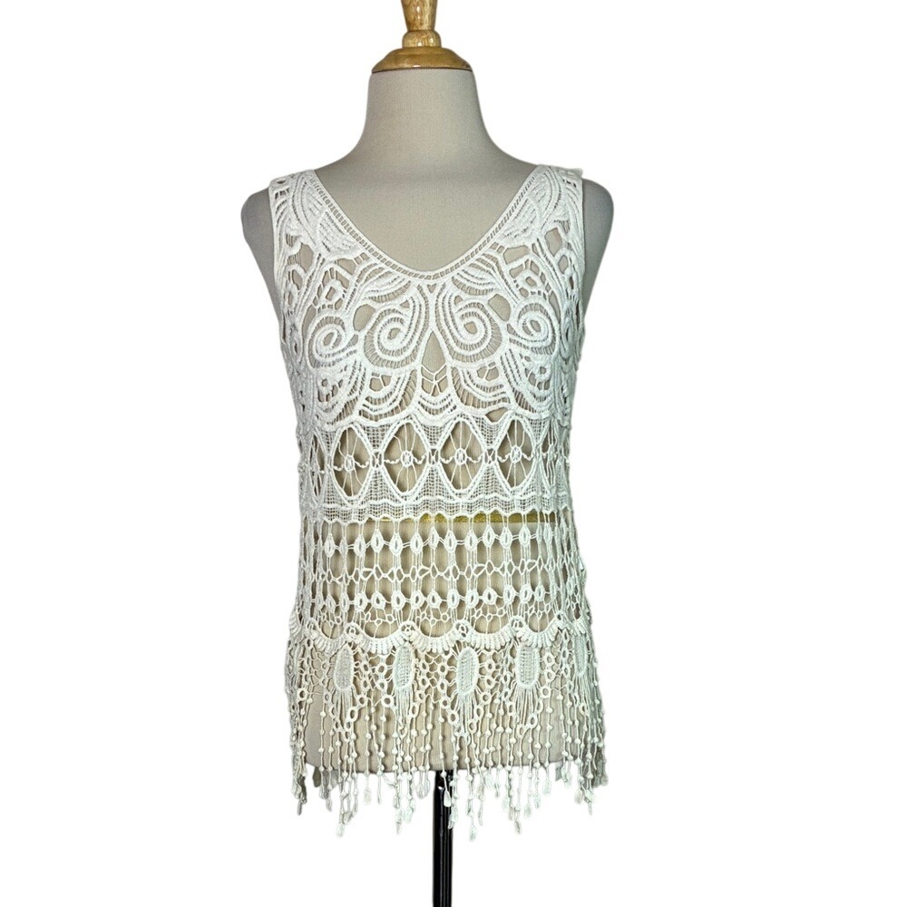 LOVELY 153 Medium Cream Cotton Crochet‎ Knit Tassel Tank Festival Layering Fairy